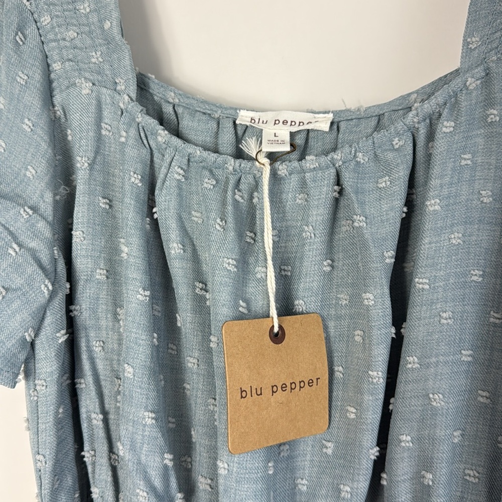 Blu Pepper Blue Ruffled Tiered Dress w/Flutter Sleeves & Ratan Belt - Large NWT - Picture 7 of 11